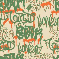 Vector Seamless pixel graffiti pattern with abstract tags, dithered texture. Urban, grunge, playful pixel art style perfect for backgrounds, textiles