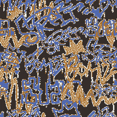 Vector Seamless pixel graffiti pattern with abstract tags, dithered texture. Urban, grunge, playful pixel art style perfect for backgrounds, textiles