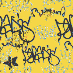 Vector Seamless pixel graffiti pattern with abstract tags, dithered texture. Urban, grunge, playful pixel art style perfect for backgrounds, textiles