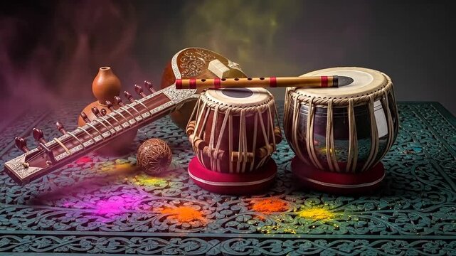 Indian Classical Music Ensemble Featuring Sitar Tabla and Bansuri Flute With Vibrant Holi Colors in Dramatic Lighting