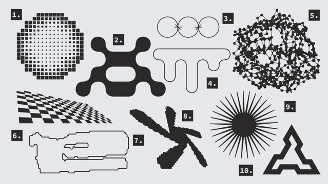 Vector Graphic Assets Set. Shapes in Y2k style, Futuristic, Brutalist, Anti-design