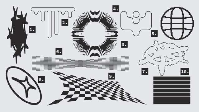 Vector Graphic Assets Set. Shapes in Y2k style, Futuristic, Brutalist, Anti-design