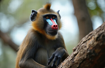Obraz premium Baboon is sitting on a tree branch. Monkey is looking around. Mandrill observes environment from above. Animals at zoo watch surrounding area. Primate with colorful face rests outdoors.