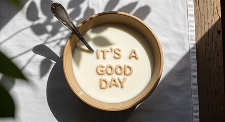 A bowl of creamy liquid with biscuit letters spelling "It's a Good Day" and a spoon.