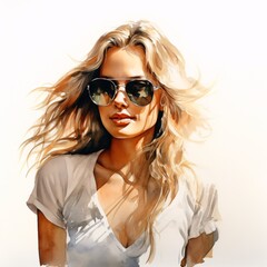 Fototapeta premium Portrait of a young woman with sunglasses and flowing blonde hair in a watercolor style