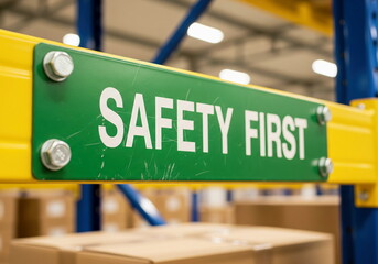 A prominent 'SAFETY FIRST' sign displayed in a warehouse setting, emphasizing workplace health and safety protocols.