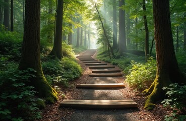 Wooden steps ascend through a lush green forest, bathed in soft, misty sunlight filtering through tall trees. This tranquil path invites exploration of nature quiet beauty and serene landscapes.