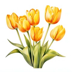 Naklejka premium Watercolor painting of vibrant yellow tulips with lush green leaves