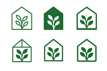 Greenhouse Logo Variations. Greenhouse farming. Icon set. Set Logo of greenhouse: glass greenhouse with plants inside. harmonious logo variations of the same
