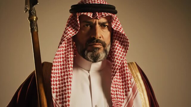An elderly Arab man stands confidently, dressed in traditional white thobe and red and white ghutra, adorned with a maroon bisht and a dagger, holding a wooden staff.