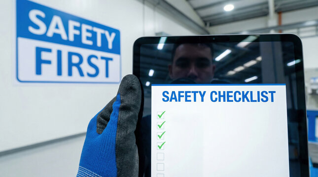 Worker's gloved hand reviewing a digital safety checklist on a tablet in an industrial facility, with a clear "Safety First" sign in the background.