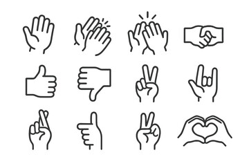Fototapeta premium Hand Gesture Icons. Gestures. Line icon set of gestures: waving hand, clapping hands, high five, fist bump, thumbs up, thumbs down, peace sign, pointing