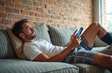 Young bearded man relaxes on comfortable striped sofa in modern living room with brick wall. Holds, actively uses smartphone, browsing social media, watching online videos, enjoying digital content.