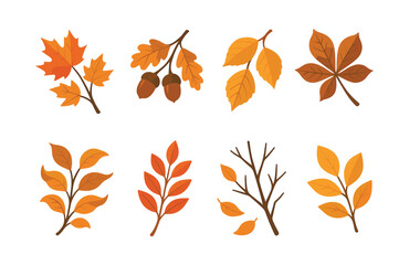 Obraz premium Autumn leaves and branches, fall foliage, flat vector illustration