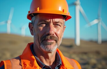 Engineer in orange helmet, safety vest looks at camera. Wind turbines spin behind. Technician supervises construction of wind power plant in field. Eco energy engineering concept. Modern sustainable