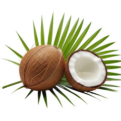 A whole coconut and a halved coconut revealing the white flesh, resting on a vibrant green palm frond against a white background.
