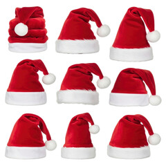 A collection of nine red Santa Claus hats with white fur trim and pom-poms, arranged against a white background.