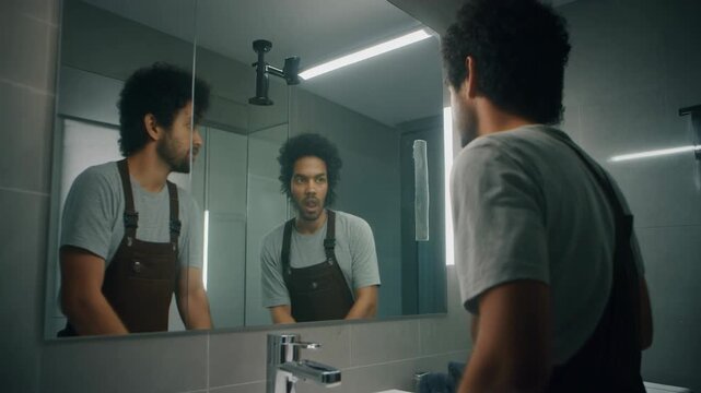 Man looking in bathroom mirror self reflection visual concept