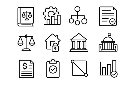 Institutional Economics Icons. Institutional Economics. Line icon set of Institutional Economics: law book, market regulation, organization chart, policy