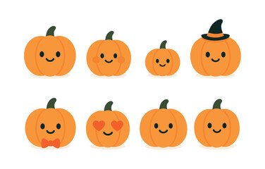 Halloween pumpkin faces, cute emojis, flat vector illustration
