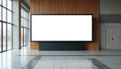 Large blank billboard at modern expo center ready for ads promotion. Bright interior ideal for commercial displays. Template suits marketing campaign graphic design projects. Space for visual