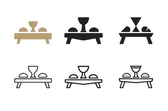 Last Supper Icons. Last Supper. Icon set. Set Logo of Last Supper: table with food and drink icons. harmonious logo variations of the same emblematic concept,