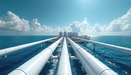 Offshore plant with pipes crossing blue sea under sky. Industrial structure processes water for global supply. Technology solves scarcity challenge.