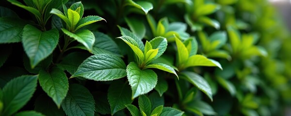 Close up of rich green leaves with serrated edges. New growth sprouts bright yellow green. Natural plant texture provides fresh organic garden backdrop.