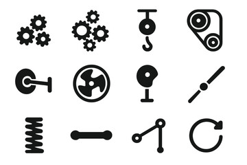Mechanical Systems Icons. Mechanical systems. Solid icon set of Mechanical systems: rotating gears, gear train, pulley system, belt drive, crank, flywheel,