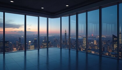 Obraz premium Empty office space with large windows overlooking city skyline at dusk. Modern skyscraper view includes lights and buildings stretching into horizon. Corporate interior design.