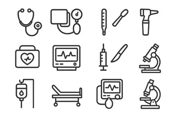 Fototapeta premium Medical Equipment Icons. Medical Equipment. Line icon set of Medical Equipment: stethoscope, sphygmomanometer, thermometer, otoscope, defibrillator, ECG