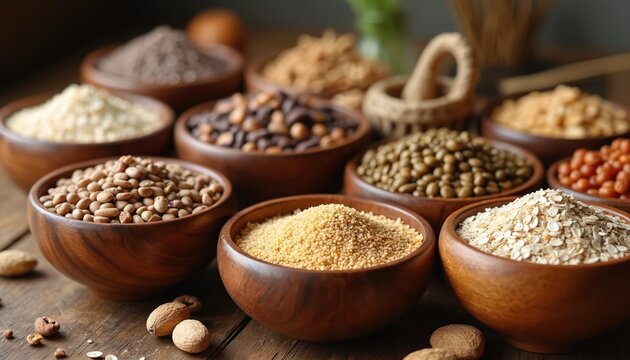 Various seeds and grains arranged in wooden bowls on a rustic wooden surface. Grains include lentils oats chia nuts. Healthy eating concept featuring nutritious dietary fiber ingredients in bowls.