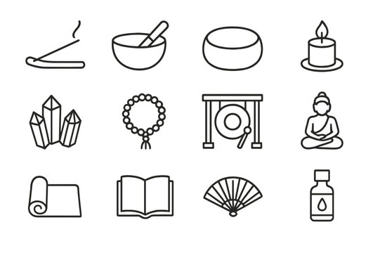 Meditation Icons Set. Meditation objects. Line icon set of meditation objects: incense holder, singing bowl, cushion, candle, crystals, prayer beads, gong,