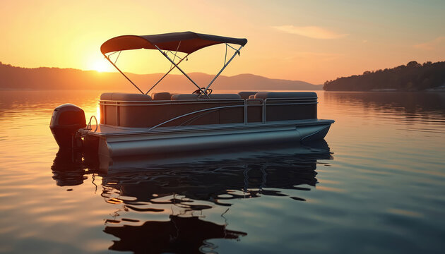 Modern pontoon boat floats on calm water at sunset. Scenic orange sky reflects on lake surface. Peaceful watercraft waits for journey across tranquil ocean bay. - Powered by Adobe