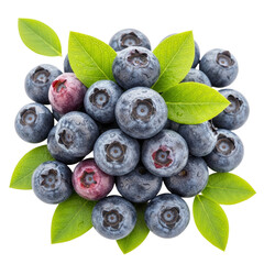 A vibrant cluster of ripe blueberries intermingled with fresh green leaves, isolated on a white background, showcasing their natural beauty.