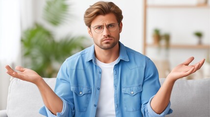Confused man in glasses sitting on sofa and gesturing emotionally with open hands, wearing casual blue shirt against softly blurred home interior background with green plants and warm tones