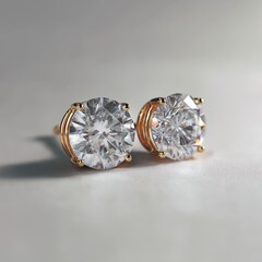 Classic round brilliant diamond stud earrings in yellow gold prong settings, perfectly matched and resting on soft warm grey surface, radiating timeless elegance and symmetry