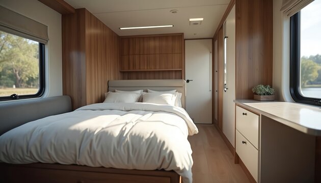 RV interior with bedroom. Inside RV is cozy bed wooden walls cabinets and windows. Bedroom is comfortable and stylish. Travel recreation concept.