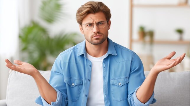 Confused man in glasses sitting on sofa and gesturing emotionally with open hands, wearing casual blue shirt against softly blurred home interior background with green plants and warm tones