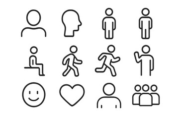 Obraz premium Mono Line Person Icons. Person. Line icon set of person: human silhouette, profile, head, shoulders, standing figure, sitting figure, walking figure, running