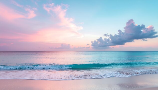 A tranquil seascape showcasing gentle waves on a sandy shore beneath a stunning pastel-colored sky at dusk