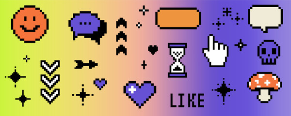 8-bit pixel art icons in vivid retro colors with sparkles, hearts, cursors, skulls and quirky symbols. Conceptual vector illustration for Y2K nostalgia, social media vibes, retro gaming.
