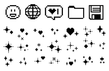 8-bit pixel icons featuring globe, like speech bubble, folder and floppy disk, accompanied by tiny sparkling hearts and stars. Conceptual vector illustration for retro internet, old-school UI.