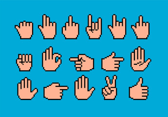 Collection of 16 pixel-art hand gestures in classic 8-bit style. Conceptual vector illustration for retro emojis, cursor pointers, digital communication and vintage gaming culture.