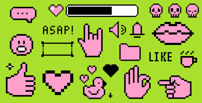 8-bit pixel art icons in bright pink on a vivid green background, featuring hand gestures, hearts, skulls, loading bars. Conceptual vector illustration for Y2K internet vibes, social media stickers.