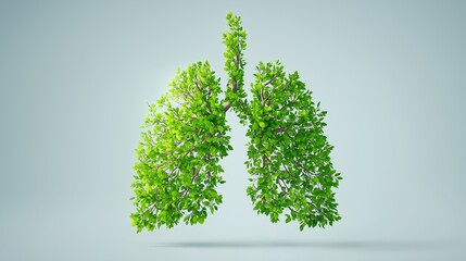 Human lungs formed from green leafy branches on a soft light blue background, glowing with natural light, representing clean air, health, and environmental purity in a symbolic visual
