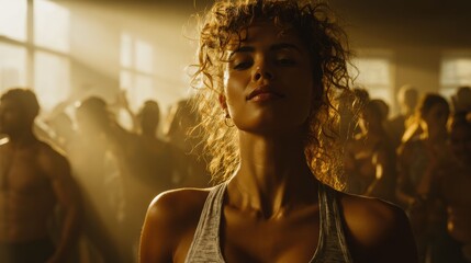 A woman performs aerobic dance in heated fitness studio as strong sunlight creates rim light and a soft silhouette warm tones energetic movement lively upbeat routine.