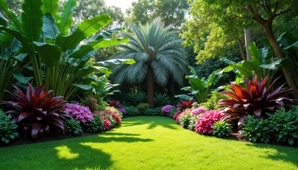 Naklejka premium Rich tropical garden features green lawn, large palm tree. Exotic plants, vibrant pink and red flowers line path. Bright sunlight creates dynamic shadows on grass, a peaceful beautiful nature setting.