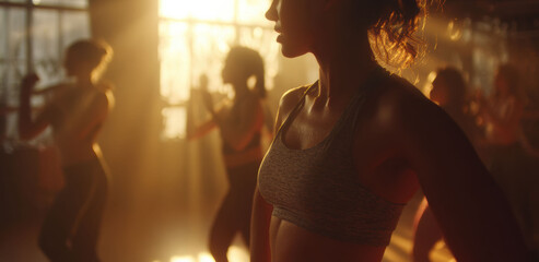 A woman performs aerobic dance in heated fitness studio as strong sunlight creates rim light and a soft silhouette warm tones energetic movement lively upbeat routine.