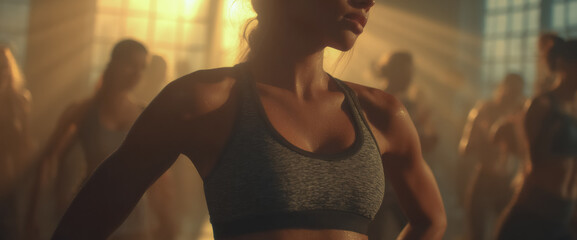 A woman performs aerobic dance in heated fitness studio as strong sunlight creates rim light and a soft silhouette warm tones energetic movement lively upbeat routine.